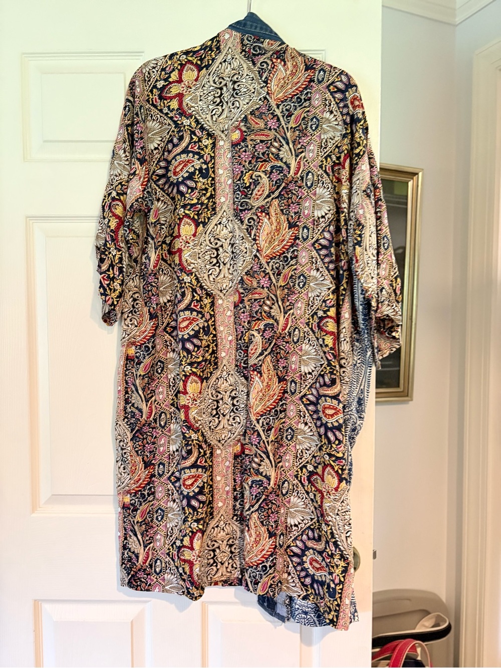 Boho Patchwork Kimono Coat with Denim Trim - Picture 2 of 3
